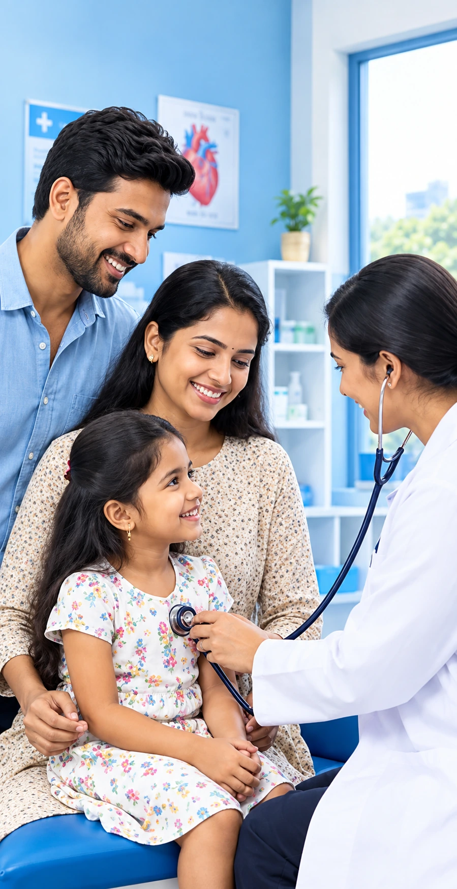 A doctor supporting a family in a healthcare setting